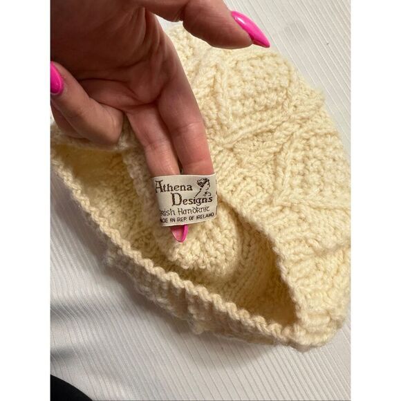 Athena Designs Vintage Irish Handknit Cream Wool Beanie Hat One Size Fits All